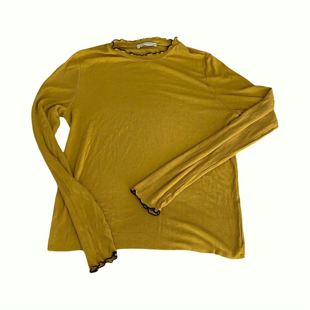 Zara Mustard Yellow Ribbed Mock Neck Top | Lettuce Edge Trim